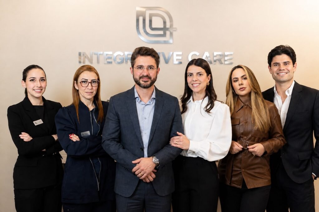A equipe da Clínica Integrative Care reunida na recepção, sob o logotipo da clínica.